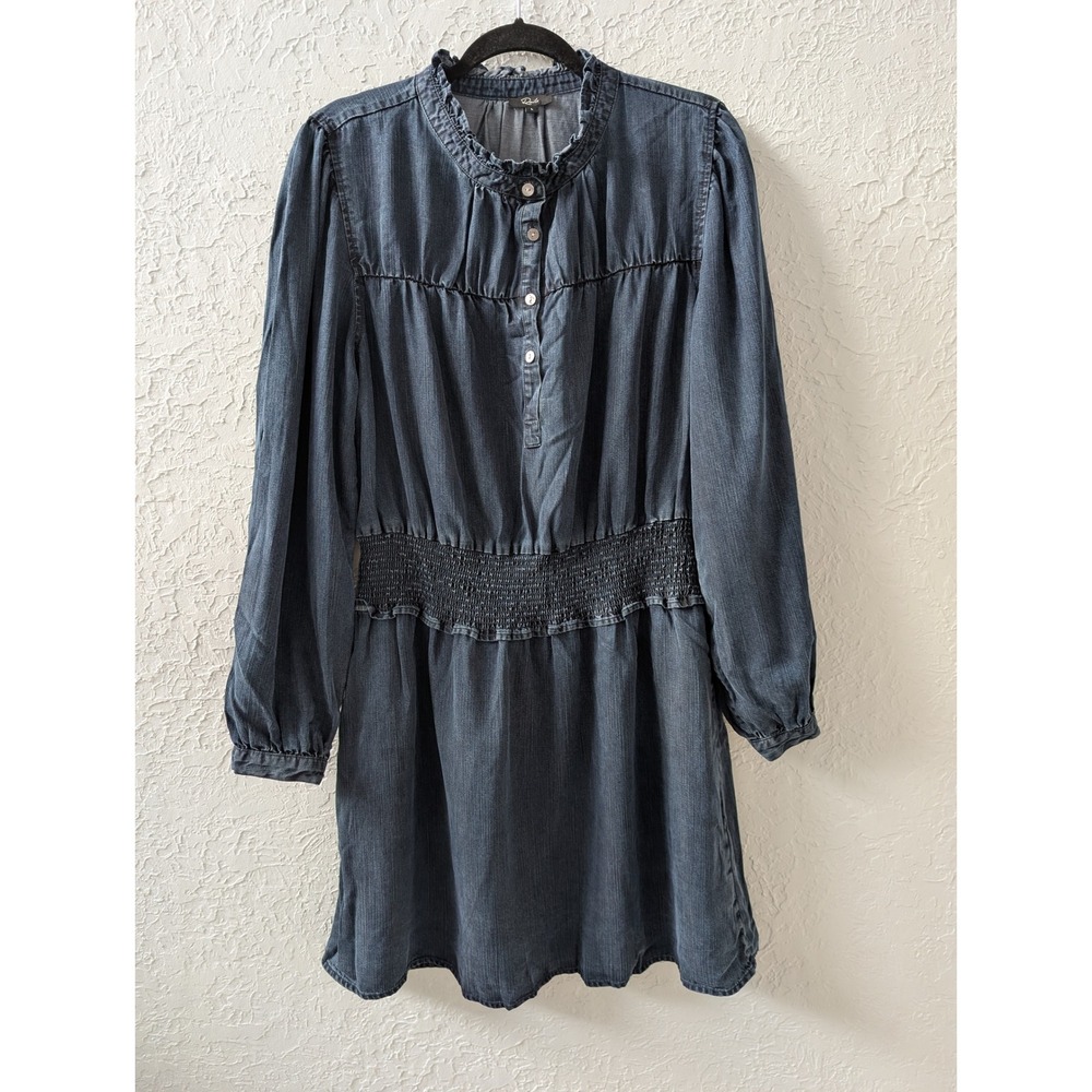 Rails Shawna L Dark Vintage Denim Chambray Smocked Waist Ruffled Collar Dress